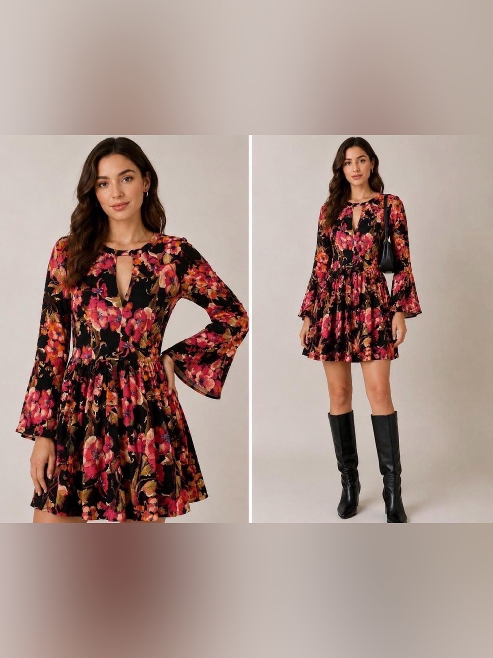 Free People Tegan Black Tie-Neck Floral Bell-Sleeve Mini‎ Dress w Pockets Size:0